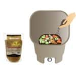 Graphic of a bokashi bin with a hand adding powder